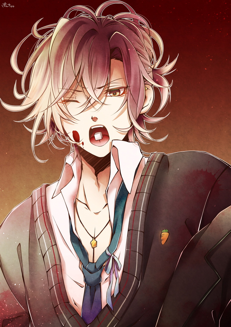 looking at camera, women, emotion, anime boy, indoors, young adult, men, retro styled, human body part, diabolik lovers, Anime, school uniform, positive emotion