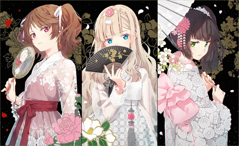 Brown Hair, Blue Eyes, Flower, Anime, Original, Japanese Clothes, Red Eyes, Black Hair, 1080P, Green Eyes, Blonde