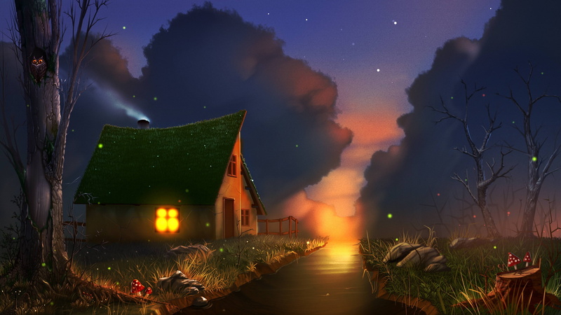 Lepri, stream, stones, in the hollow, sunset, art, fireflies, Amanita, the light in the window, dead tree, owl, wooden house, starry sky, the smoke from the chimney