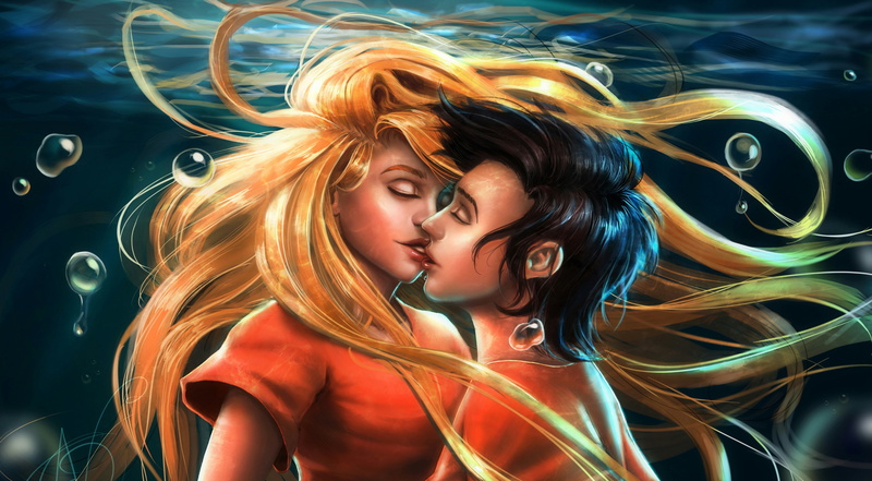 4K, girl, Best kiss, Couple, Underwater kiss, illustration, Lovers, 4K, boy, Lip kiss, kissing