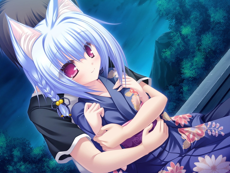 hd, 720P, japanese, cg, blue, animal ears, hai, animal, nekomimi, Blue hair, Couple, neko, abstract, art, d, game, koi, ears, hair, lovers, kimono, clothes