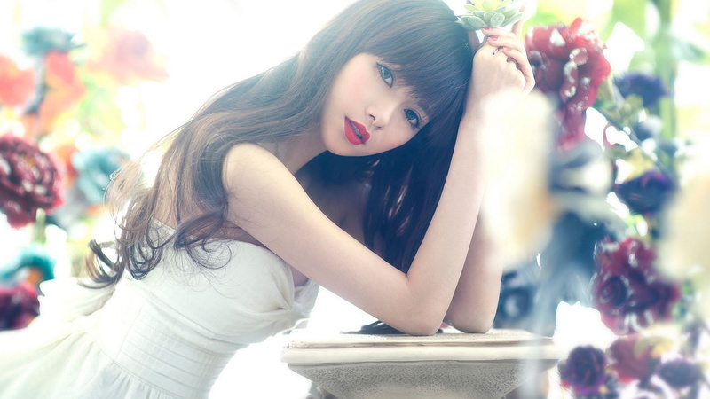 strapless dress, long hair, women, red lipstick, bangs, 1080P, eyeliner, white dress, model, fake iris, brides, overexposed, Asian, brunette