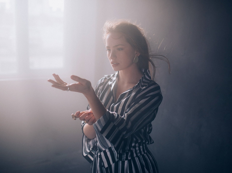 brunette, hands, 1080P, hand gesture, overexposed, women indoors, model, women, striped clothing, diffused, focused, long hair