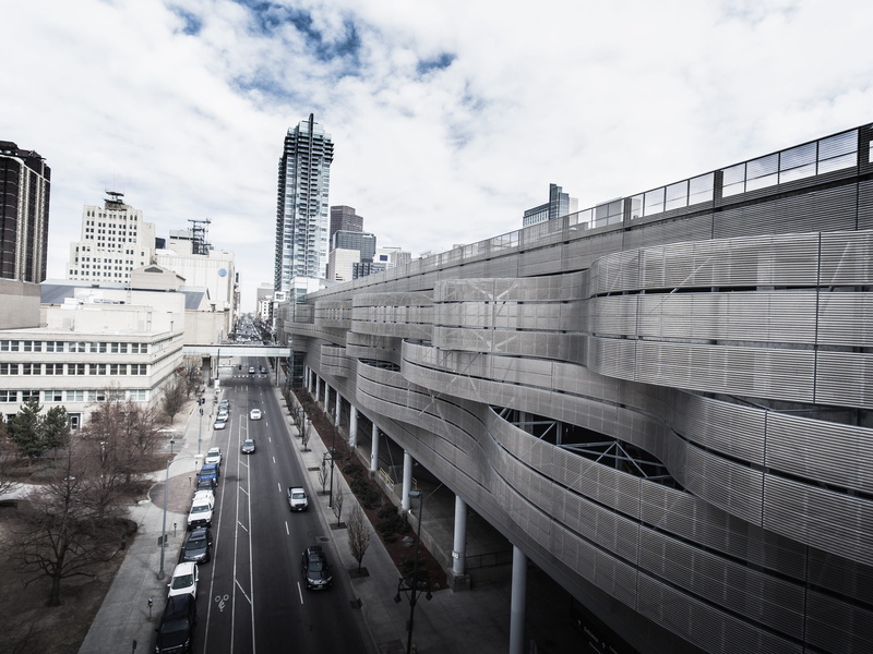 built structure, tall - high, building, no people, cityscape, car, transportation, drone, moody, denver, modern, building exterior, connection, cloud - sky