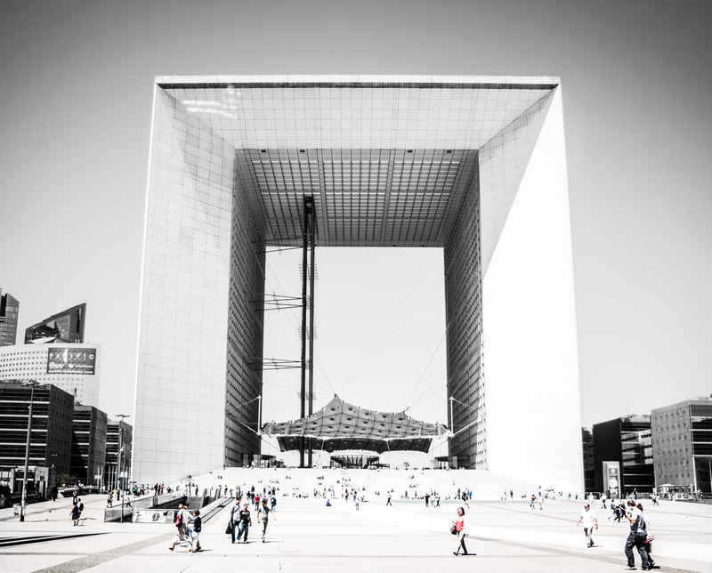 architecture, black and white, travel, sky, la grande arche, la defense, real people, men, industrial, photography, ground, france, structure, architectural