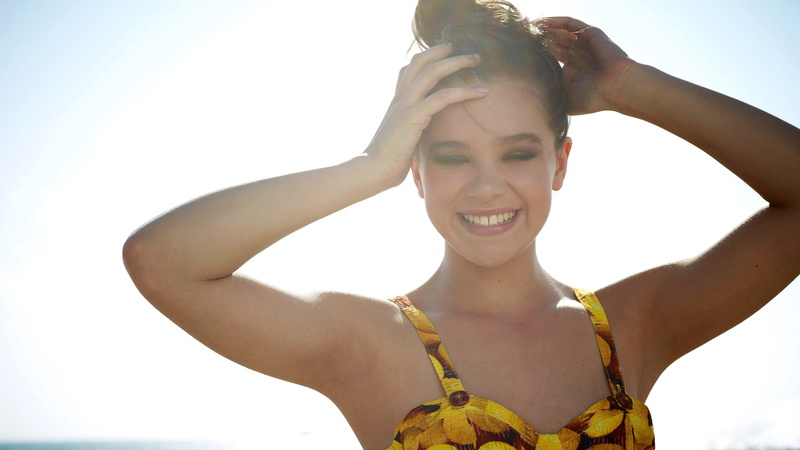 hairbun, bikini top, women, overexposed, Hailee Steinfeld, closed eyes, armpits, 4K, brunette, hands in hair, smiling, actress