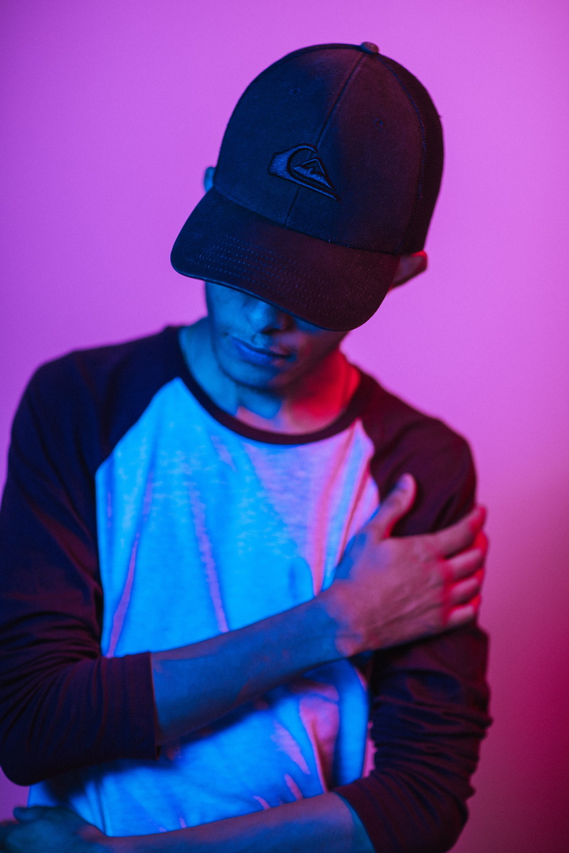 teenager, young, casual clothing, festival, athlete, waist up, portrait, man, veil, teenage boys, 5K, purple, one person, hat, wall - building feature