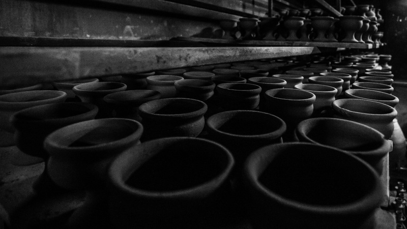 man made, black and white, worker, still life, focus on foreground, 4K, choice, order, side by side, indoors, pottery, no people, sb, business, industry