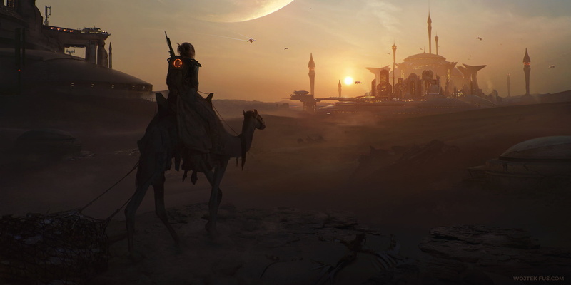 Wojtek Fus, Sun, animals, science fiction, planet, city, desert, flying, 1080P, pilgrims, weapon, drawing, camels
