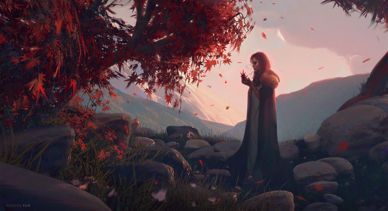 side view, trees, digital art, fallen leaves, coats, fall, looking below, fur coats, rocks, profile, fantasy art, artwork, mountains, redhead, Wojtek Fus