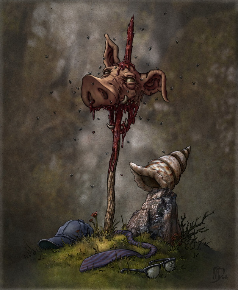 720P, Miguel Iturbe, flies, artwork, pigs, Lord of the Flies, fantasy art