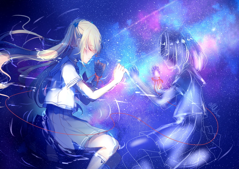 Stars, 1080P, Lying Down, Original, School Uniform, Anime, Reflection, Girl, Water, Spirit, Schoolgirl