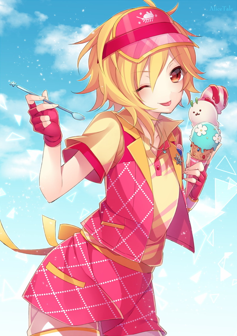 fashion, one person, ice cream, adult, short hair, women, anime girls, sky, clouds, nature, females, sunglasses, cloud - sky, smiling, blonde, 720P, red eyes
