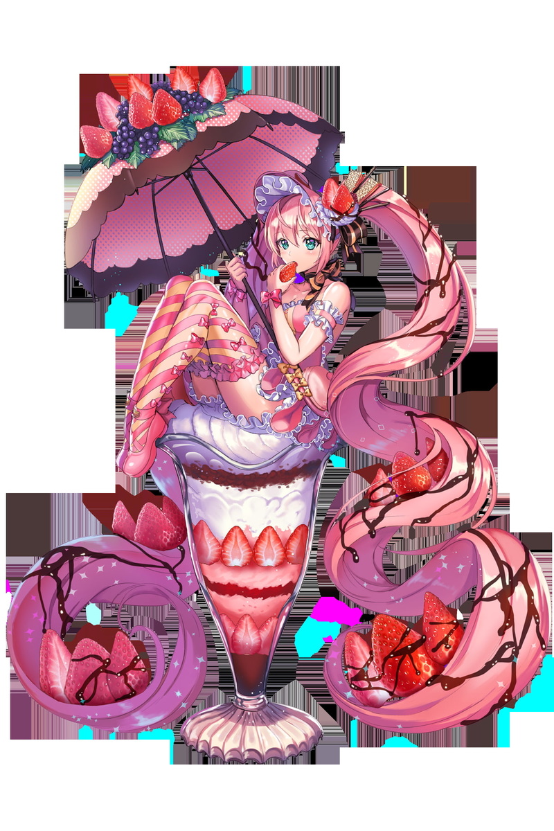black background, minigirl, chocolate, ice cream, 720P, anime, strawberries, long hair, glass, anime girls, pink hair, blushing, umbrella