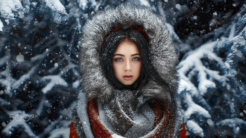1080P, black hair, warm clothing, frozen, outdoors, teenager, beautiful woman, red coat, women, beauty, clothing, young adult, extreme weather, snow, headshot