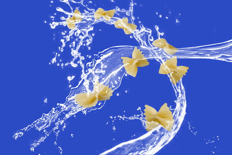 flying noodles, motion, splashing, italian, cook, sky, blue, mid-air, outdoors, nature, staple food, animal, blue background, water, food, water splashes