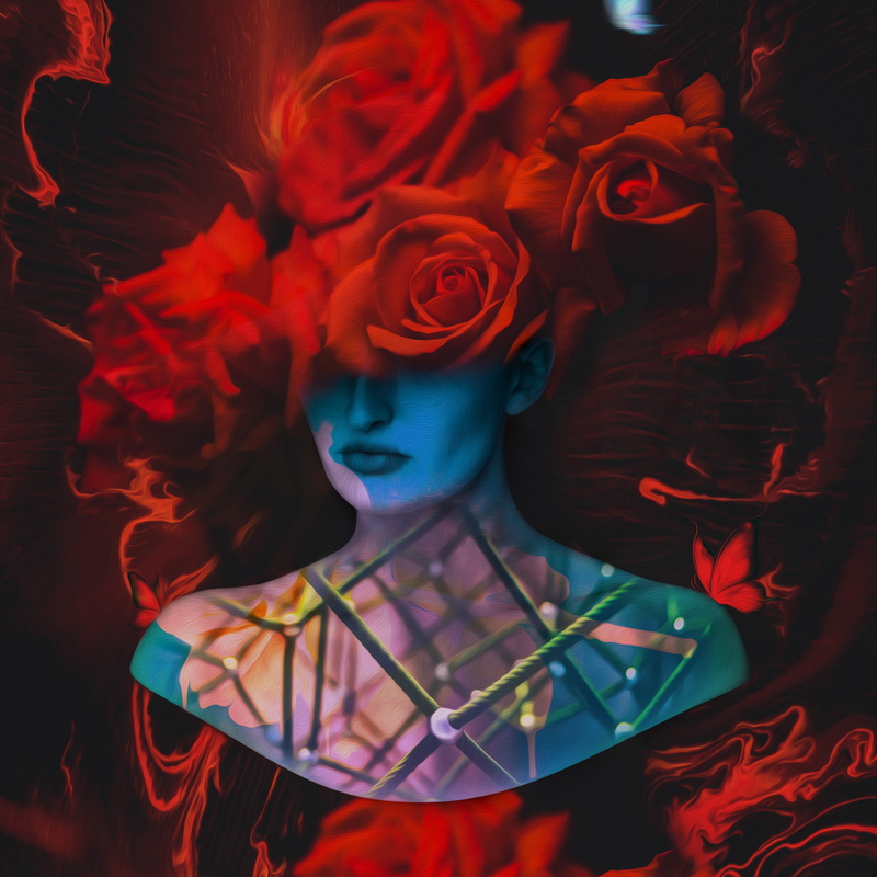 digital, red, Girl, 4k, HD, Roses, flower, Surreal, rose
