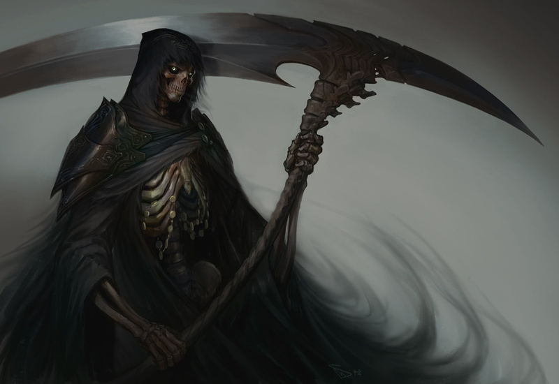 art, digital, fantasy, fiction, evil, grim, dark, craft, low angle view, death, mystery, braid, reaper, religion, statue, male likeness, angel, people