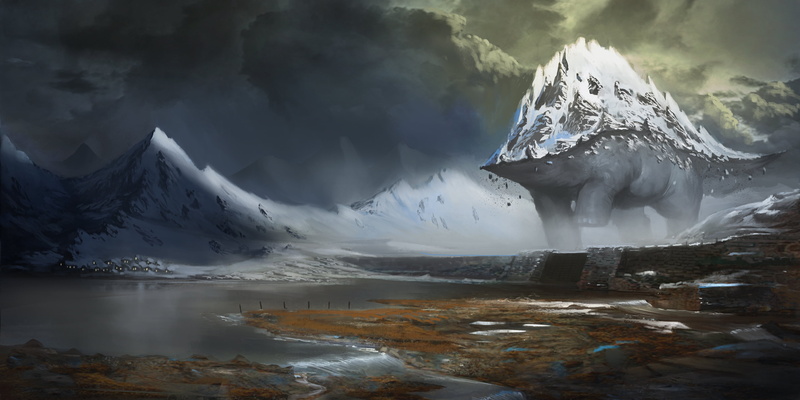 artwork, mountains, landscape, snow, fantasy art, creature, winter, 4K, fictional creatures