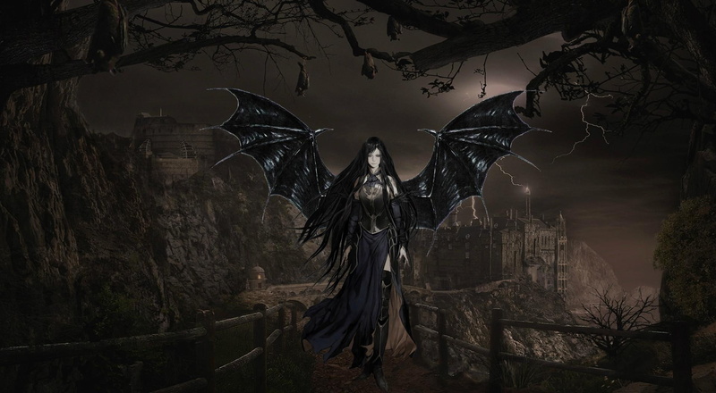 3d and abstract, black, gothic, castle, wings, lightning, 1080P, angel, vampire