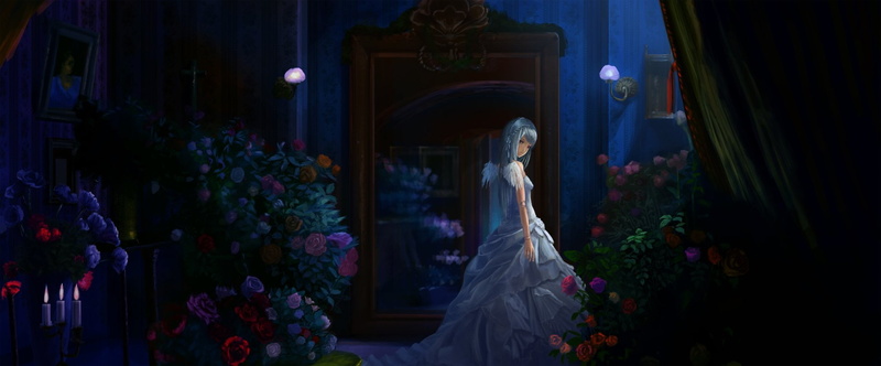 Mirror, Rose, Angel, Suigintou (Rozen Maiden), Flower, Girl, Dress, Fantasy, 1080P, Anime, Vampire, Rozen Maiden