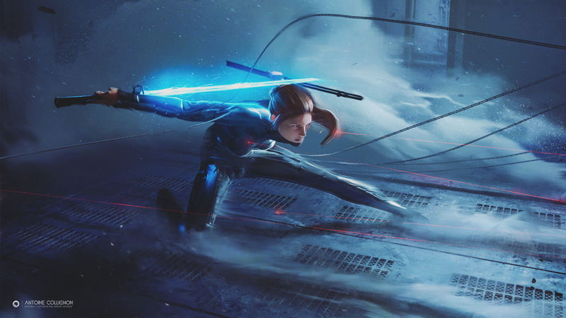 smoke, Futuristic, sword, digital art, fantasy Art, 1080P, Antoine Collignon, women, Jedi, Fantasy girl, Lightsaber