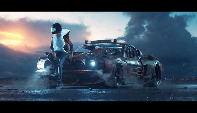 helmet, vehicle, digital art, cigarettes, Antoine Collignon, women, women with cars, 1080P, car, ArtStation, artwork