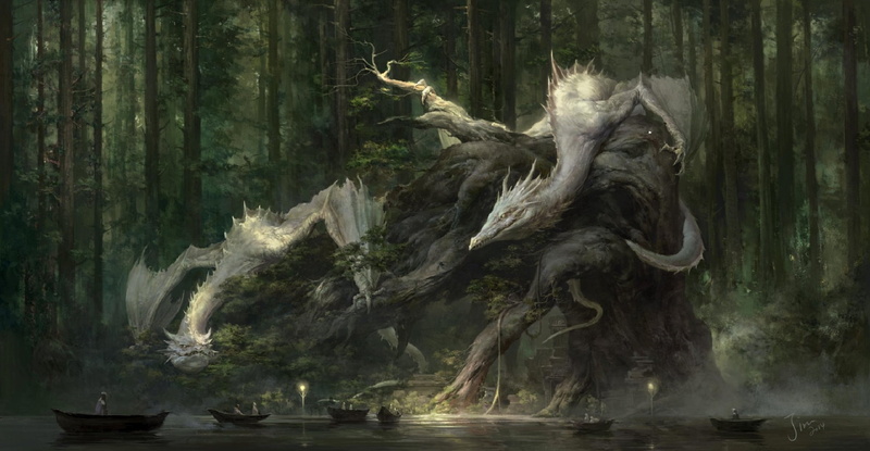 sanctuary, fairy forest, two, cruise, the pilgrims, art, river in the forest, temple, white dragon, 1080P, Xiaodi Jin, boats