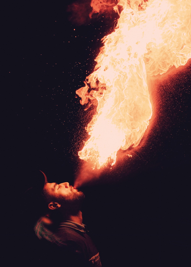 blowing, fire, one person, red, smoke - Physical Structure, inferno, 5K, arts culture and entertainment, danger, bonfire, long exposure, men, firebreather