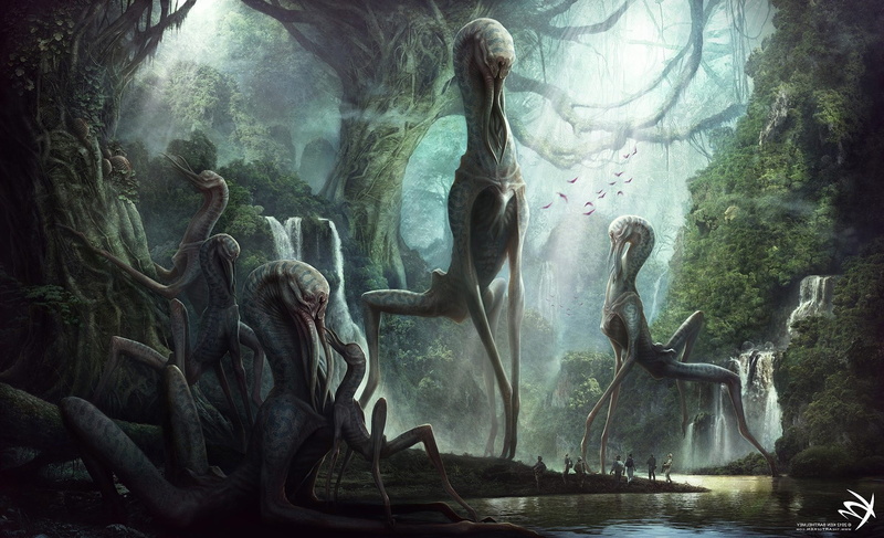 artwork, science fiction, Trees, water, Fall, creature, mountains, fantasy Art, tourists, birds, 720P, Pixelated, digital art