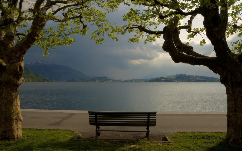 lake, park, cloudy, nature, bench, 2K