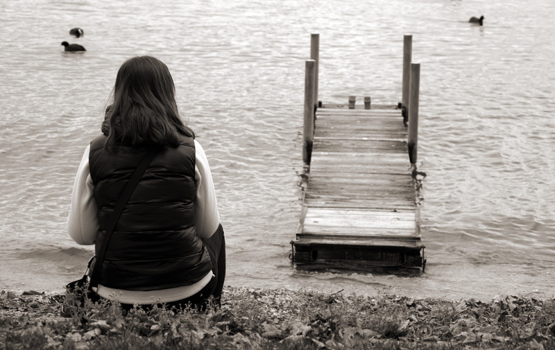 beside, lake, water, look, outdoors, photo, wait, sit, individually, thinking, alone, click, rear view, human, vest, person, sitting, casual clothing, grayscale