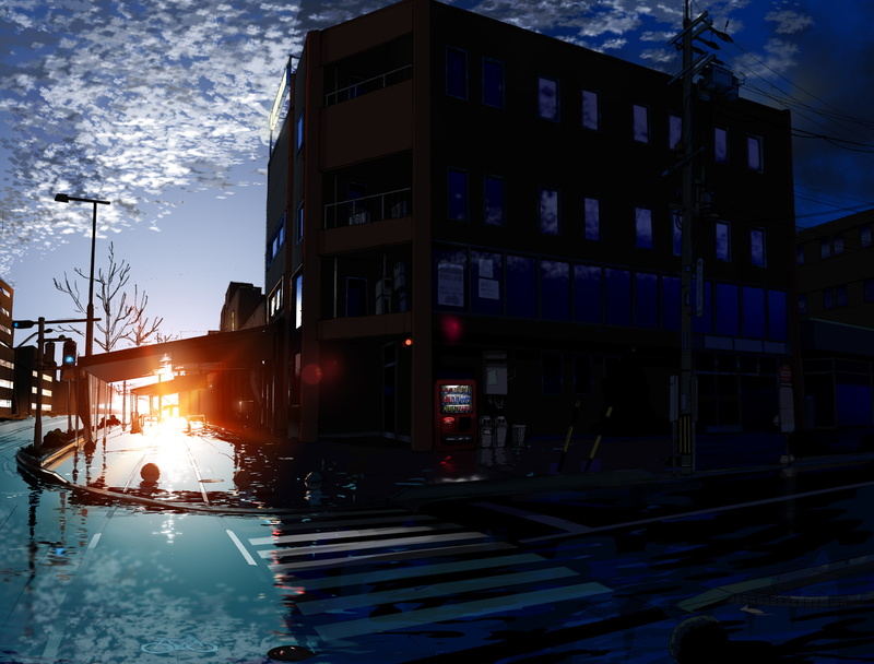 original, kurono kuro, scenic, clouds, sky, water, building, sunset, 1080P