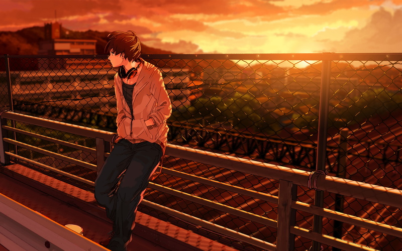 kurono-kuro, guy backgrounds, bridge, 4K, Headphones, sunset