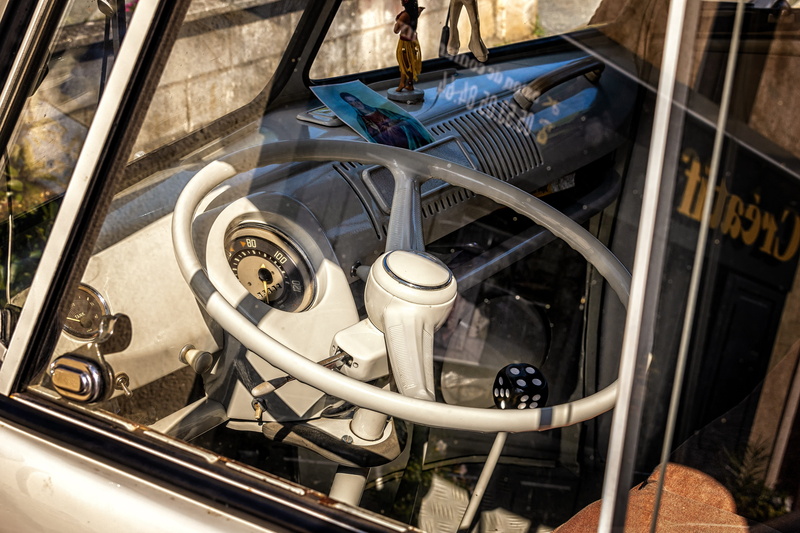 high angle view, glass - material, no people, cockpit, vehicle, 5K, outdoors, past, nostalgia, bicycle, wheel, cult, reflection, mobile home, steering wheel