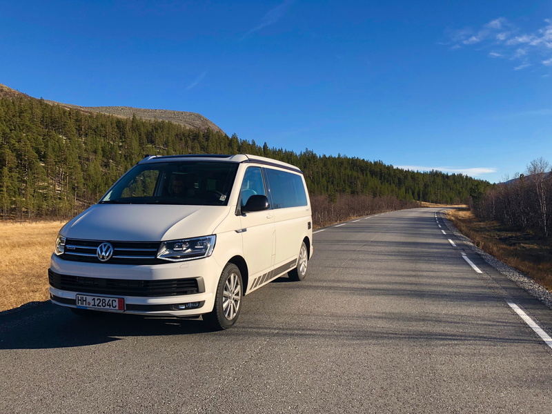 travel, road, no people, camper, clear sky, volkswagen, vw bus, nature, blue, landscape, non-urban scene, norway, mode of transportation, car, land vehicle