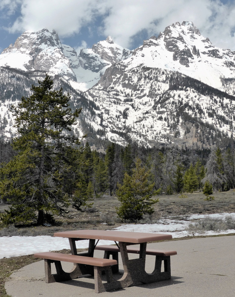 idyllic, scenics - nature, 4K, table, Picnic, no people, seat, snowcapped mountain, national park, grand teton, Landscape, usa, beauty in nature, nature