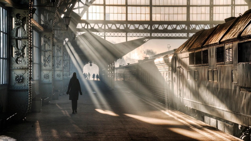 building, rays, built structure, 1080P, women, rail rerminal, station, outdoors, sunray, saint petersburg, terminal, train, rear view, railway station