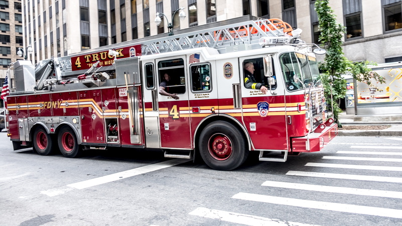 architecture, new york, urgency, sign, city, commercial land vehicle, red, accidents and disasters, bus, truck, outdoors, danger, emergency services occupation
