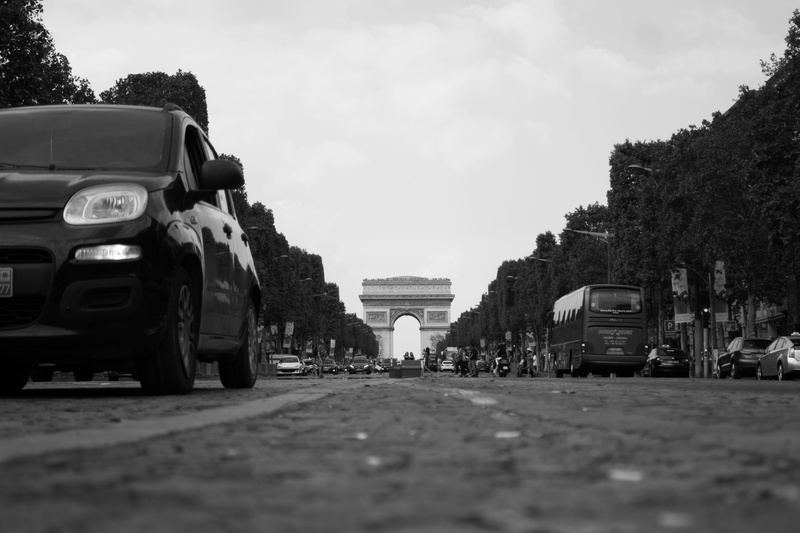 paris, tree, building exterior, mode of transportation, nature, sky, streetlife, blackandwhite, day, arc de triumph, city, the way forward, transportation