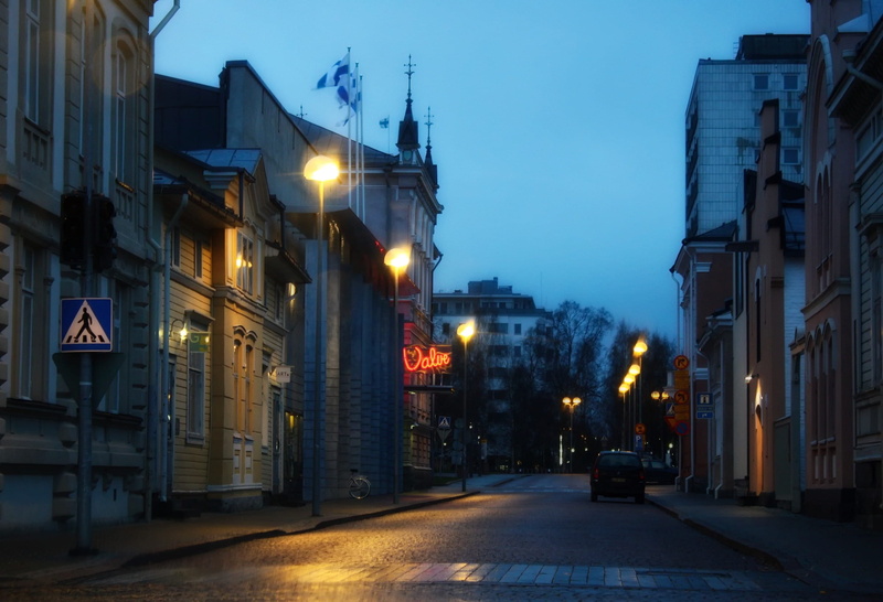 city, evening, 2K, land vehicle, reflections, illuminated, finland, residential district, street, street light, urban, building exterior, mode of transportation