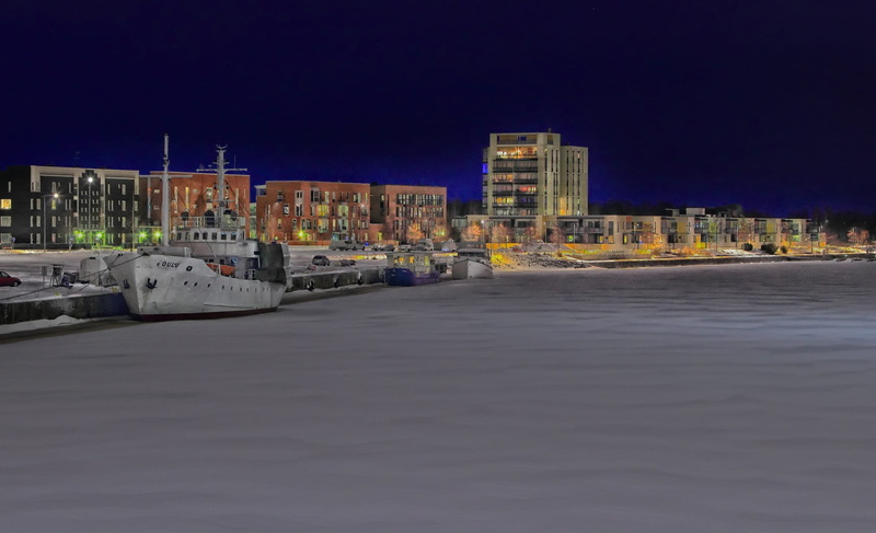 outdoors, sky, street, city life, oulu, city, River, road, car, ice, motor vehicle, architecture, outside, Boats, skyscraper, night, buildings, dock, snow