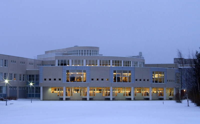 public domain, outdoors, dusk, built Structure, oulu, nature, cold temperature, Pegasus, university, lights, education, ice rink, Library, ice, architecture