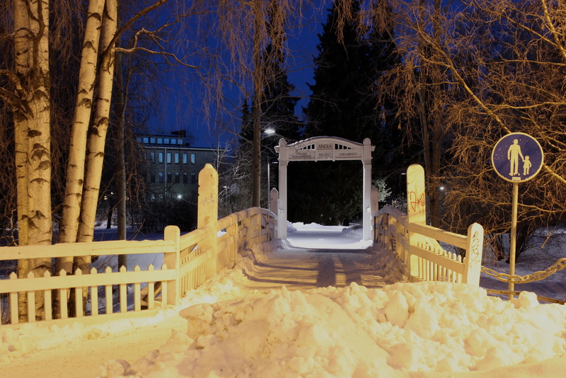 oulu, field, outside, white color, built structure, trees, bridge, building, window, no people, snow, architecture, land, night, nature, fence, plant, gate