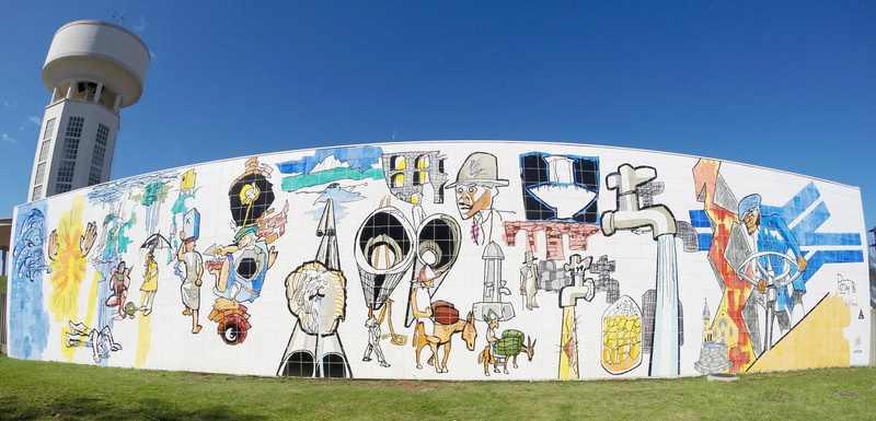 architecture, poty lazzarotto, outdoors, sunny, representation, global communications, art, 4K, panel, built structure, art and craft, building exterior