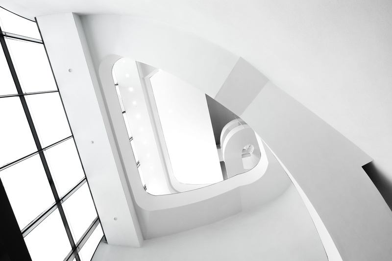 white, ceiling, design, clean, railing, lighting, modern, no people, curve, taiwan, built structure, spiral staircase, staircase, white color, gap, architecture