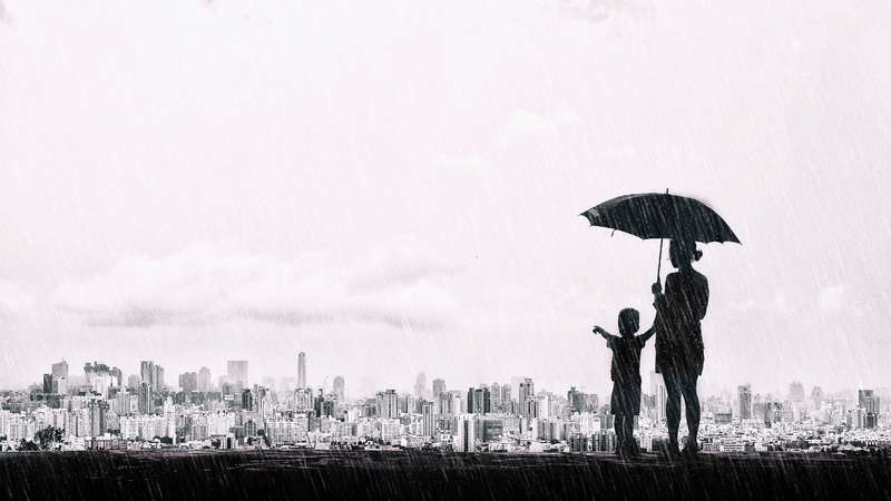 Taichung, umbrella, black and white, monochrome, panorama, boy, 2K, mood, child, rain, the city, mother, Taiwan