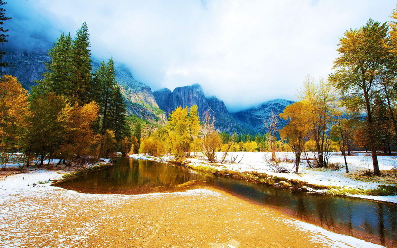1080P, first-snow, landscape, autumn, trees, late, mountains, water