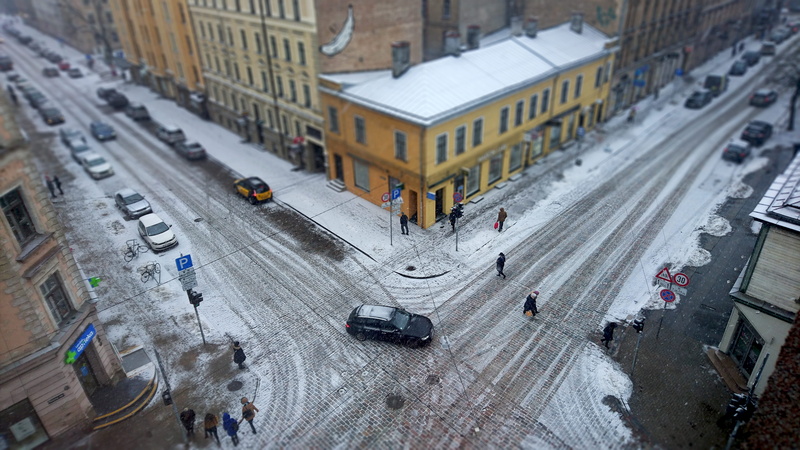 motor vehicle, 5K, europe, high angle view, top, street, crossroads, incidental people, built structure, cold, winter, car, city, cold temperature, riga