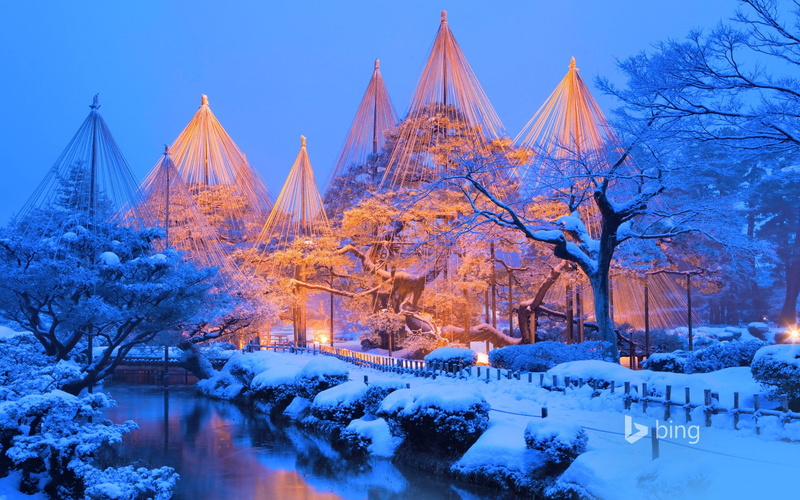 illuminated, sky, bing, nature, covering, building exterior, snow, clear sky, kenrokuen, bare tree, body, calm, beauty in nature, city, tree